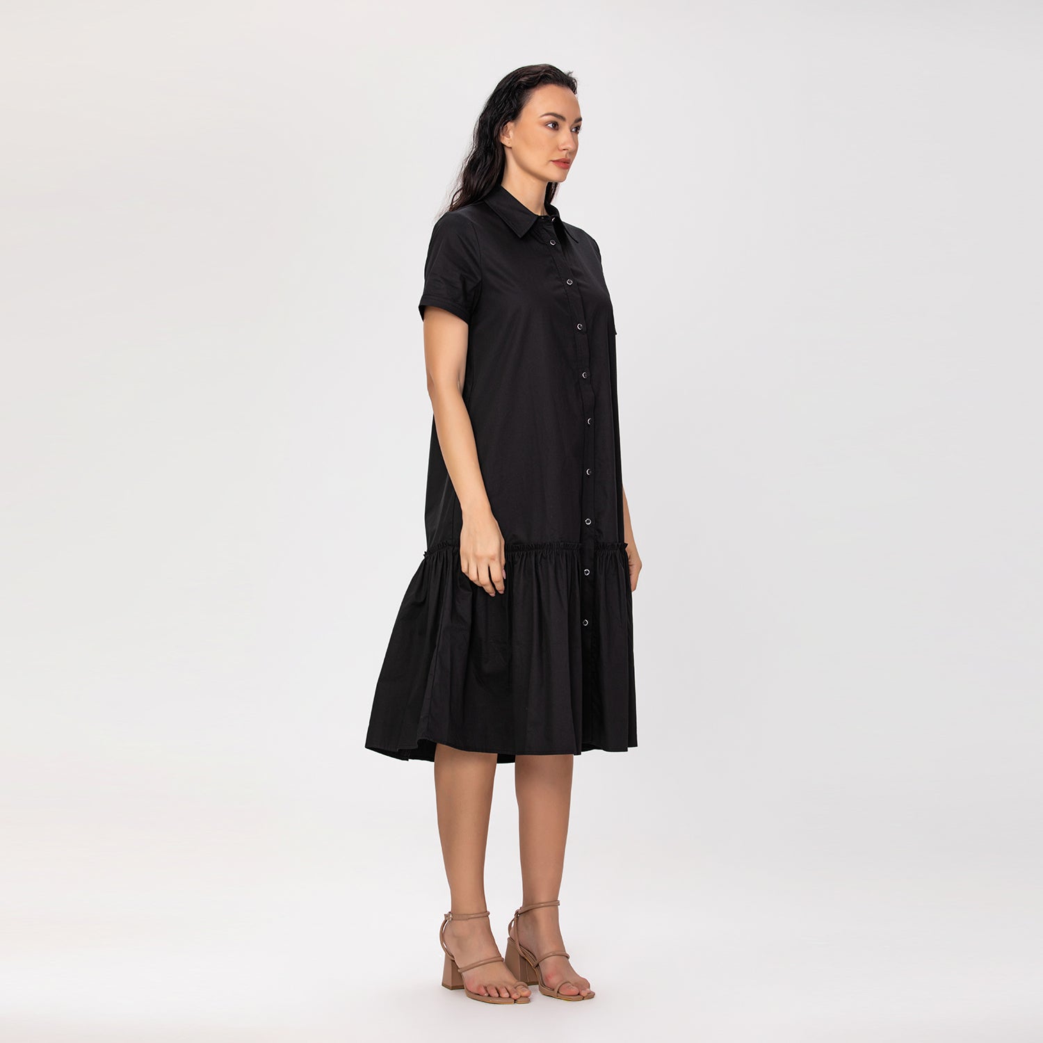 Robe chemise midi en coton à manches courtes