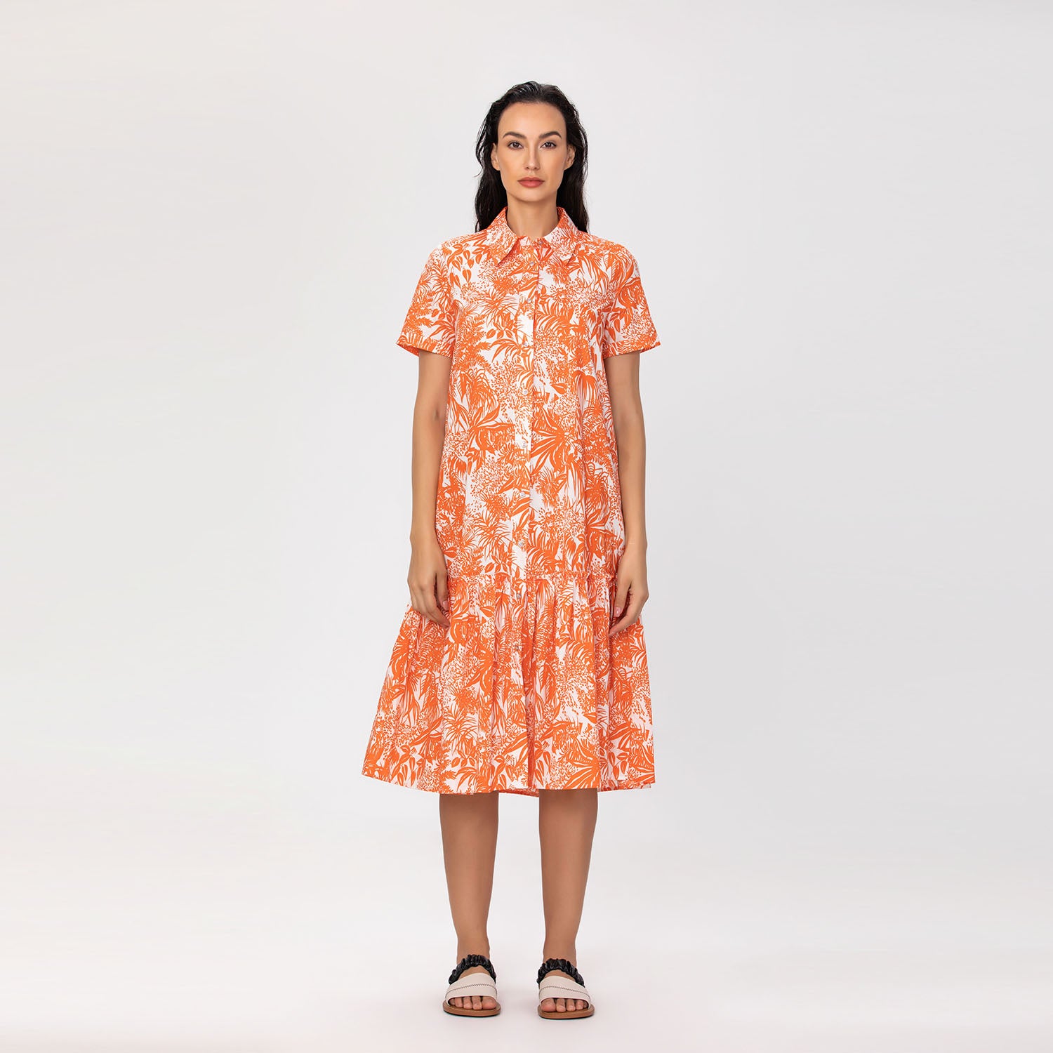 Robe midi en coton à imprimé fleuri et manches courtes