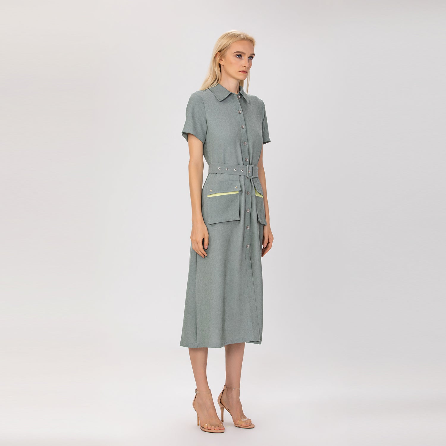 Robe chemisier midi à poches plaquées