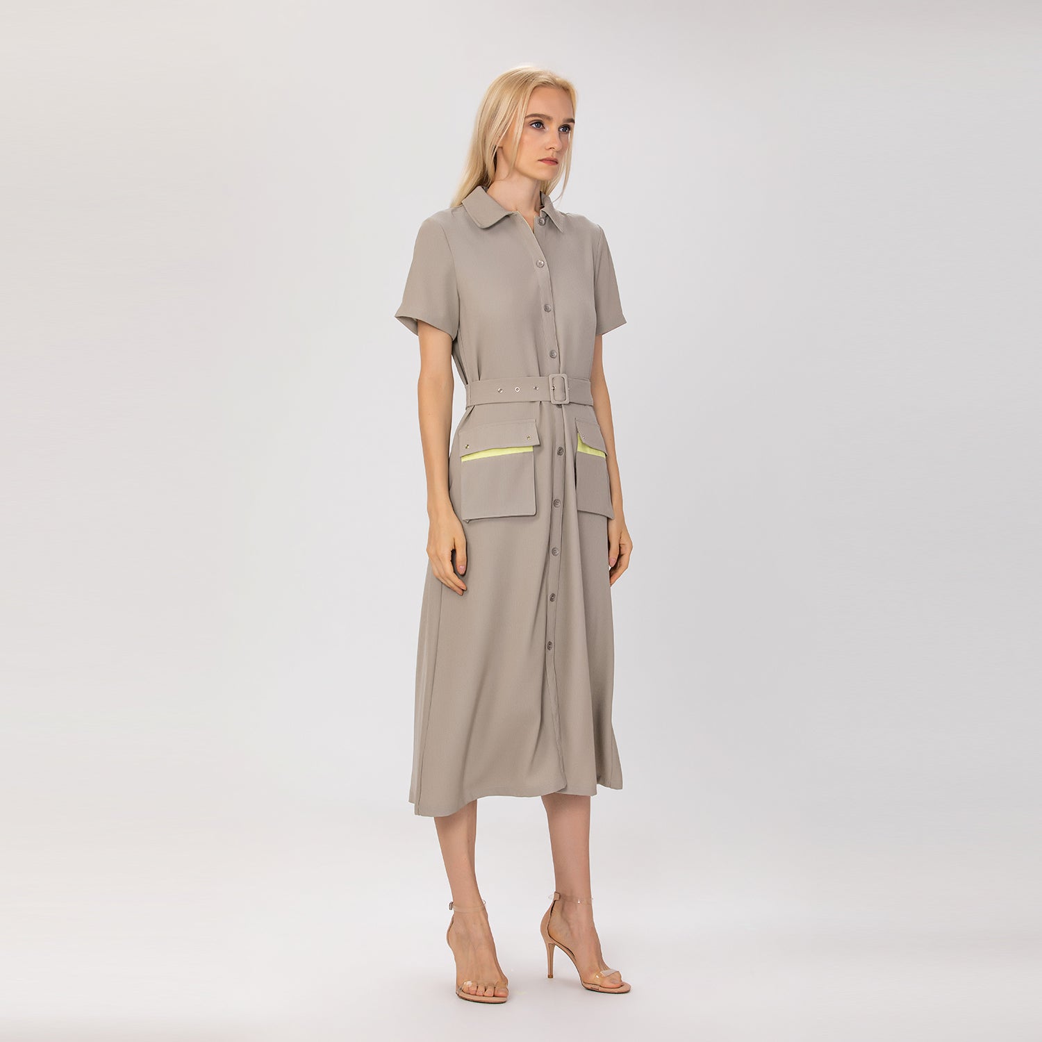 Robe chemisier midi à poches plaquées