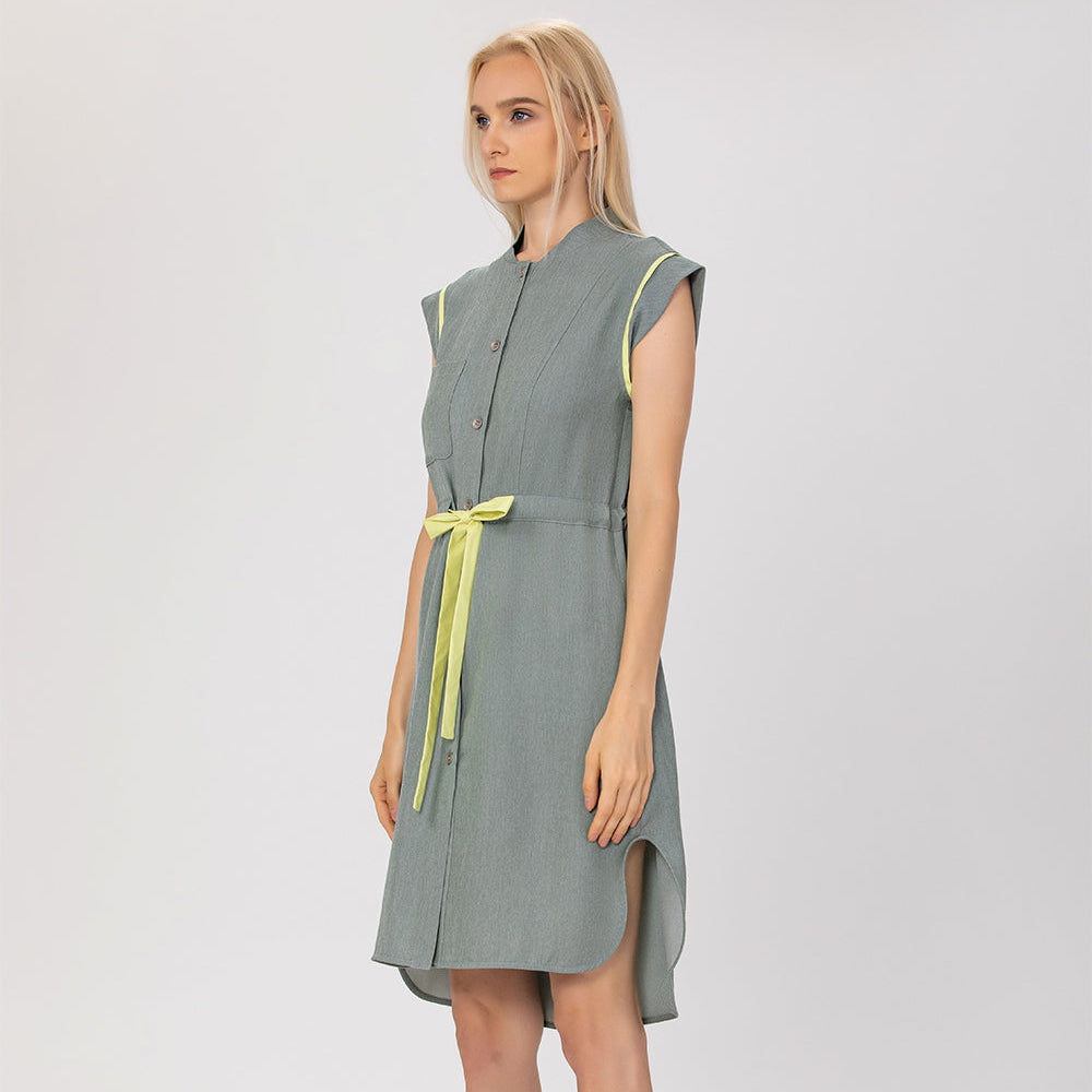 Robe chemisier sans manches à ceinture contrastée - Smart & Joy