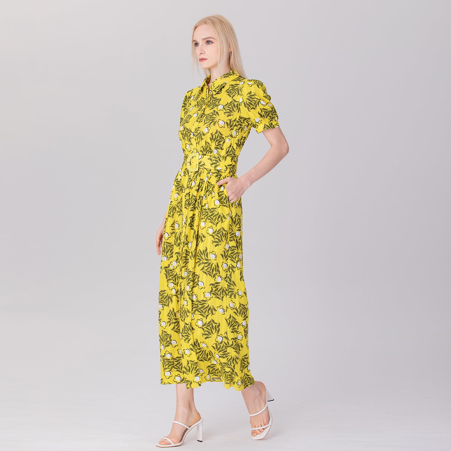 Robe-chemise midi à imprimé monochrome