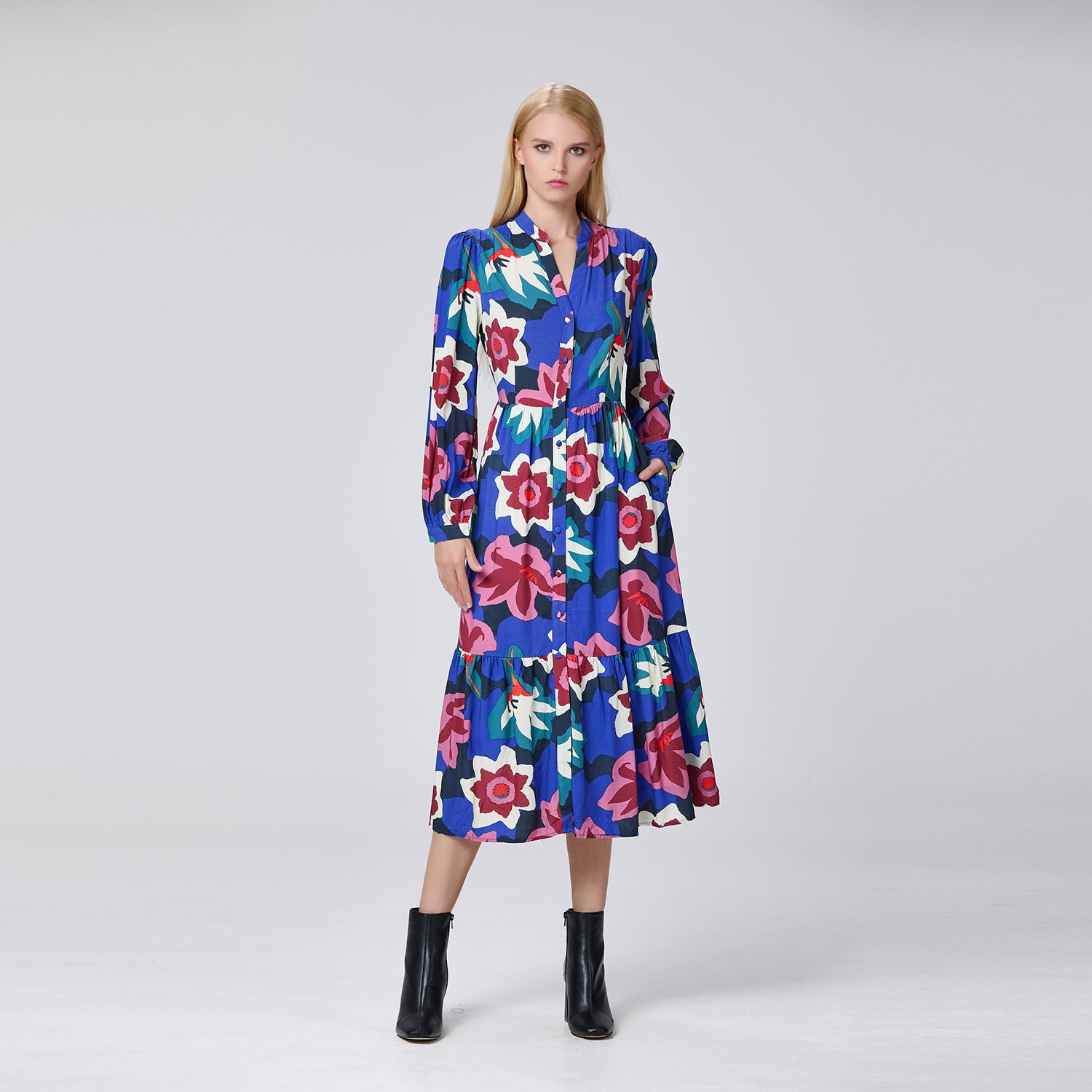 Robe chemise longue avec imprimé floral macro
