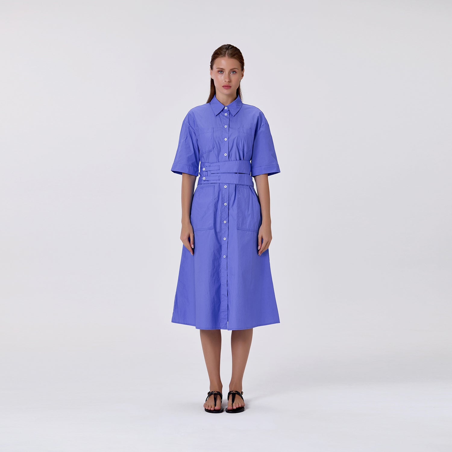 Robe chemise midi en coton à large ceinture - Smart & Joy