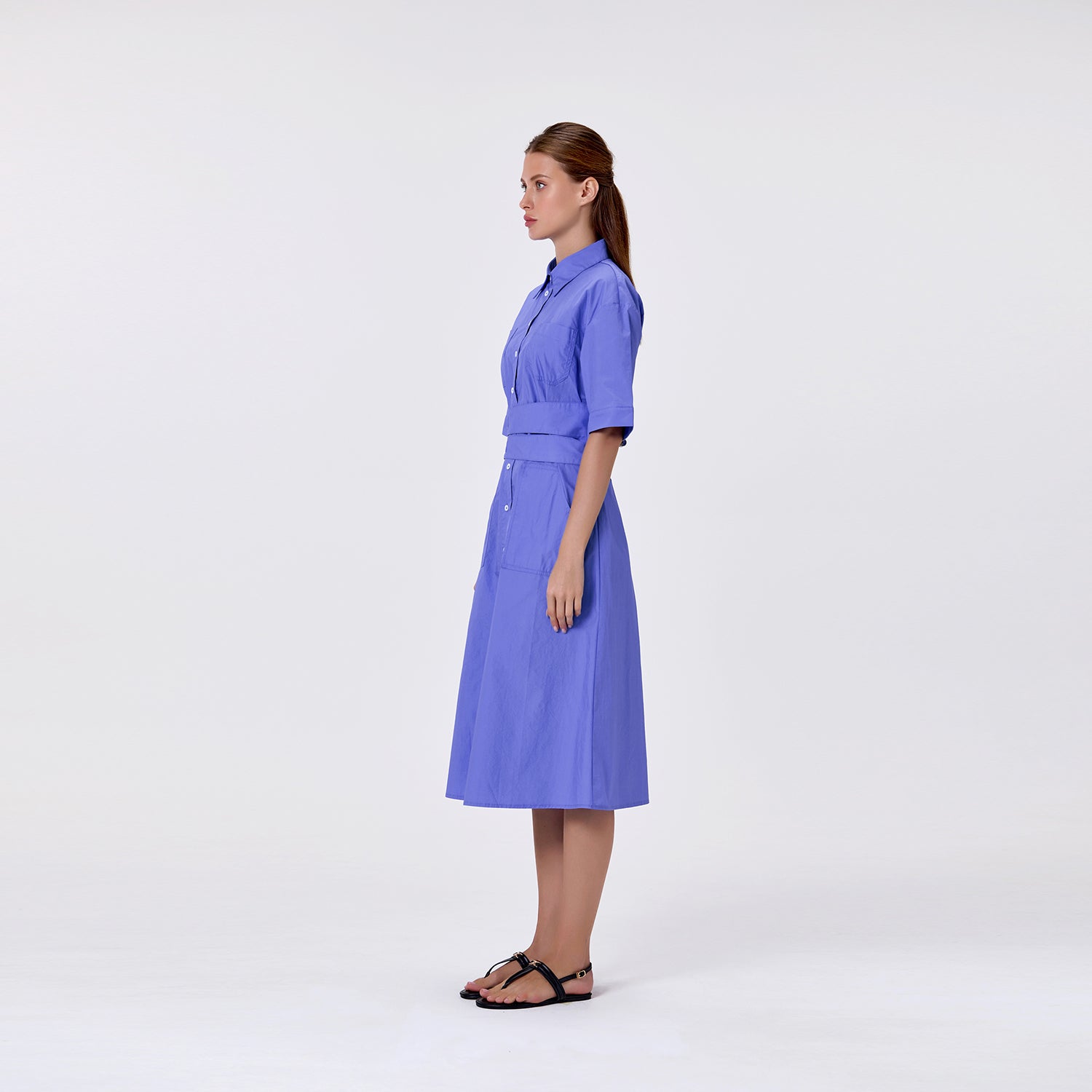 Robe chemise midi en coton à large ceinture