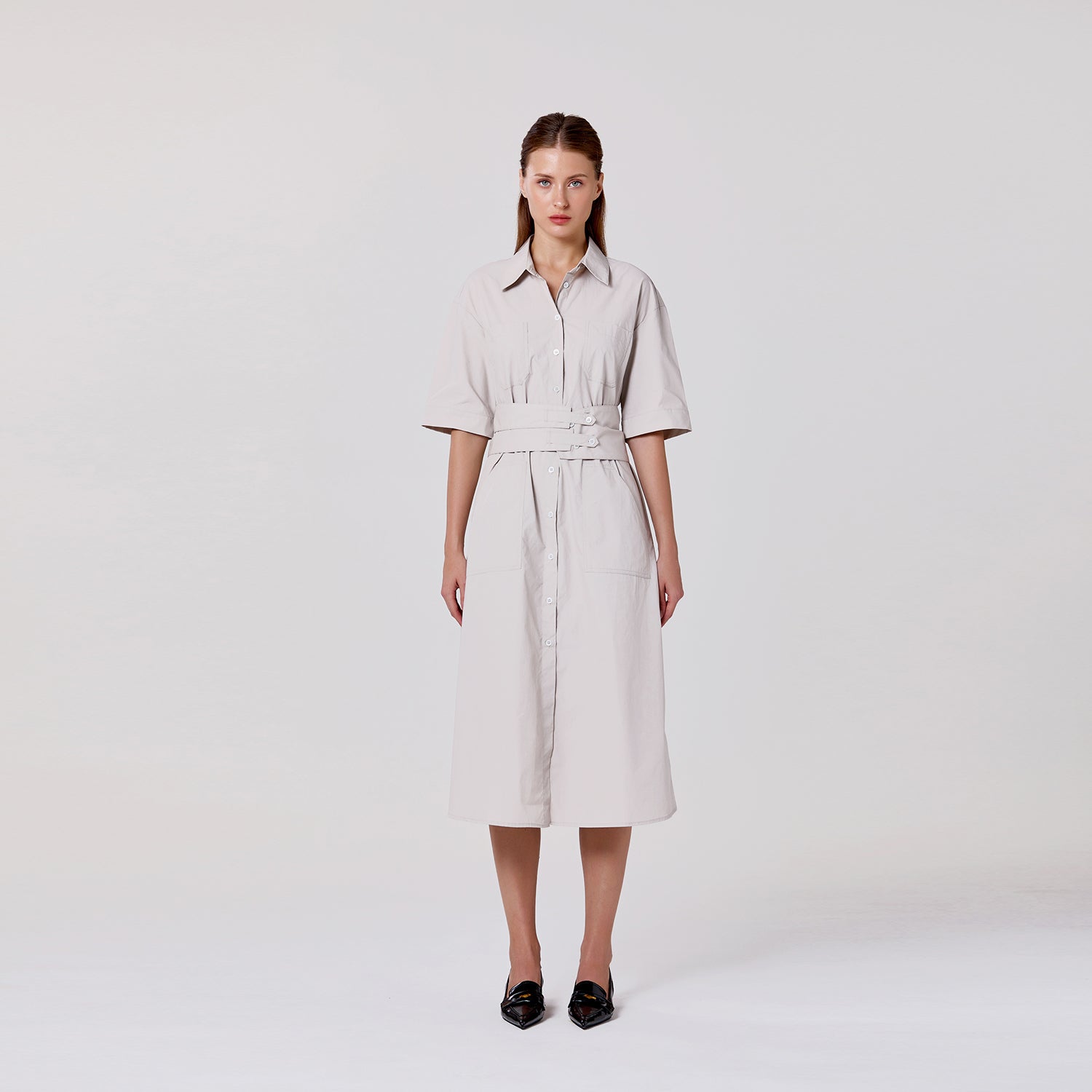 Robe chemise midi en coton à large ceinture