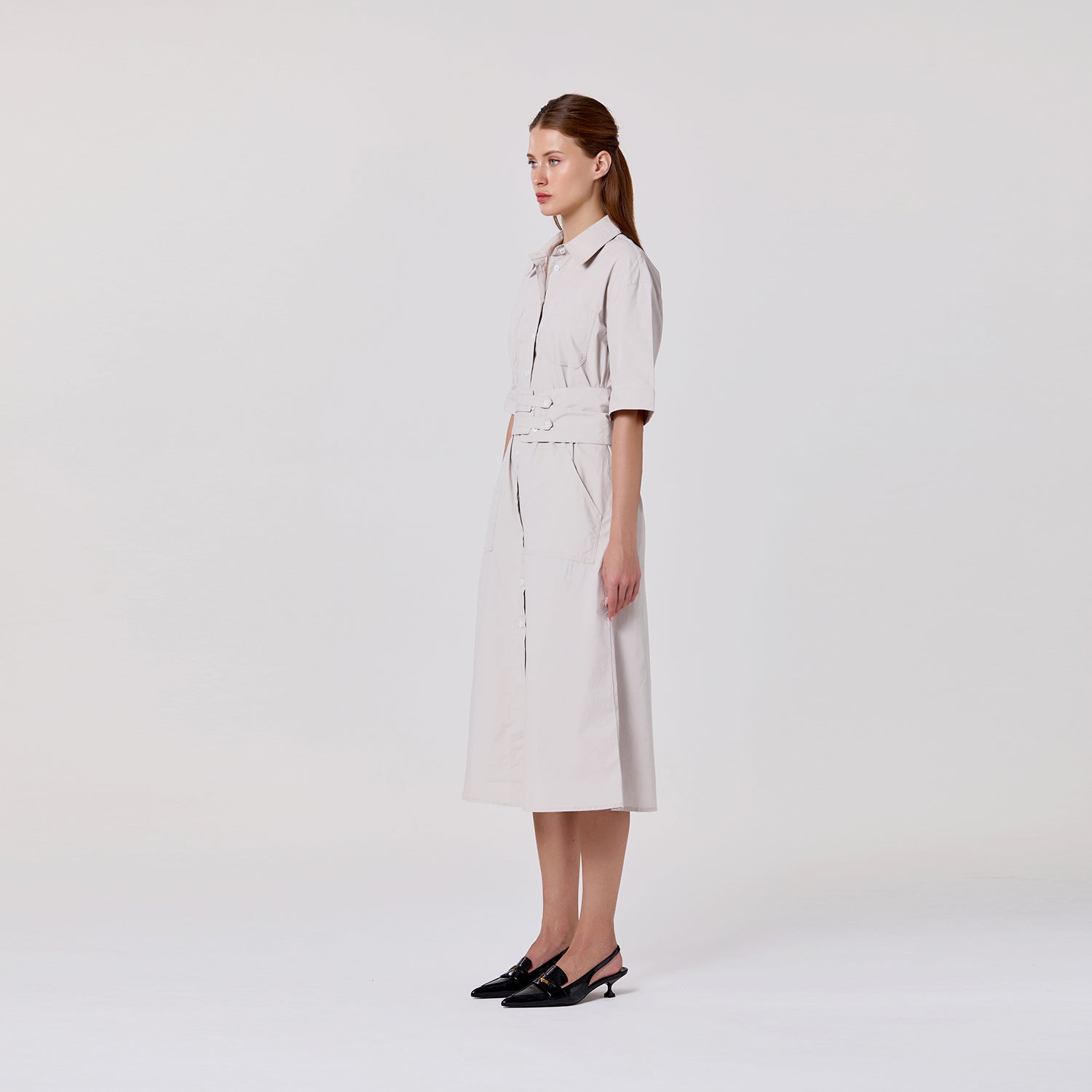 Robe chemise midi en coton à large ceinture