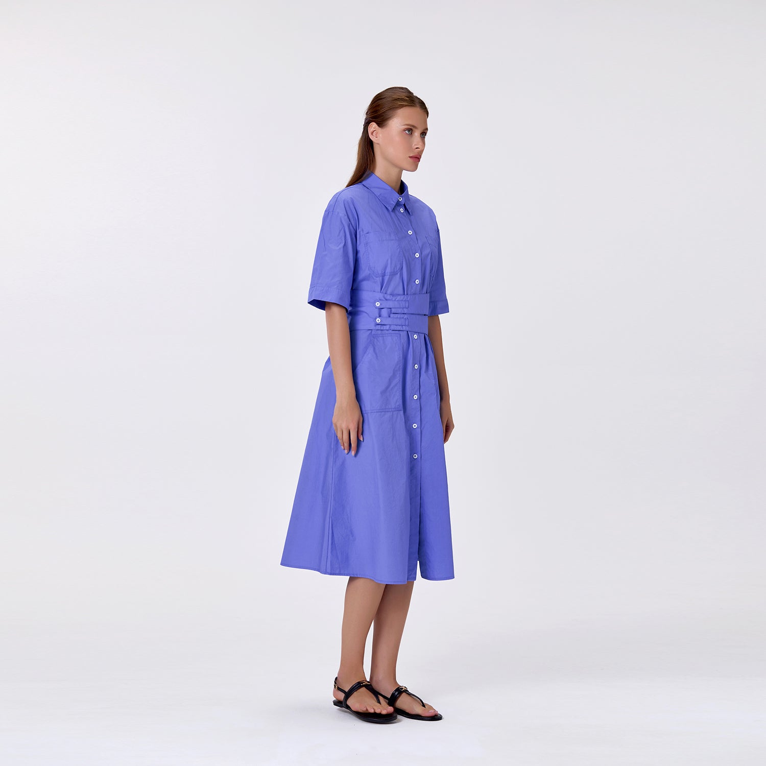 Robe chemise midi en coton à large ceinture