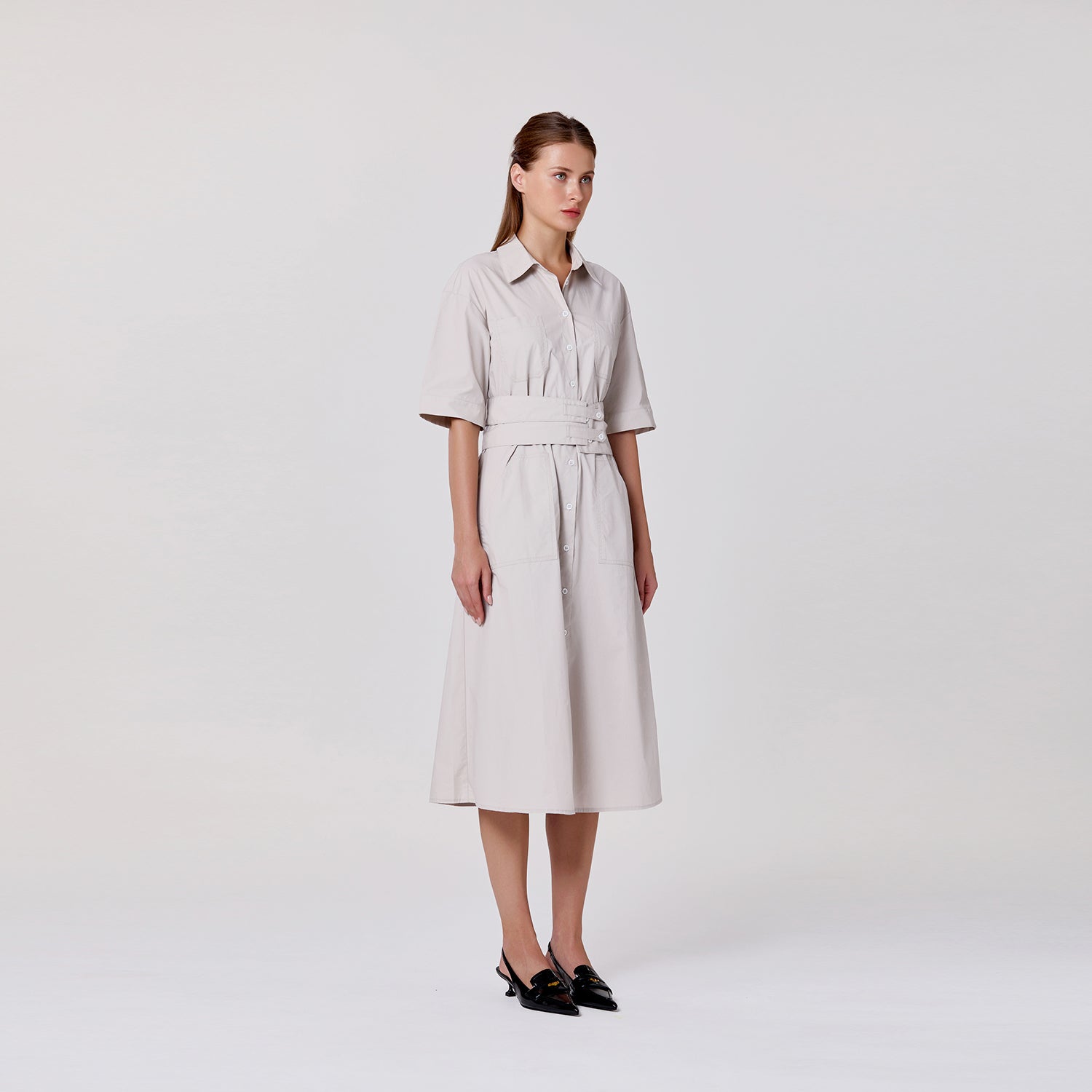 Robe chemise midi en coton à large ceinture