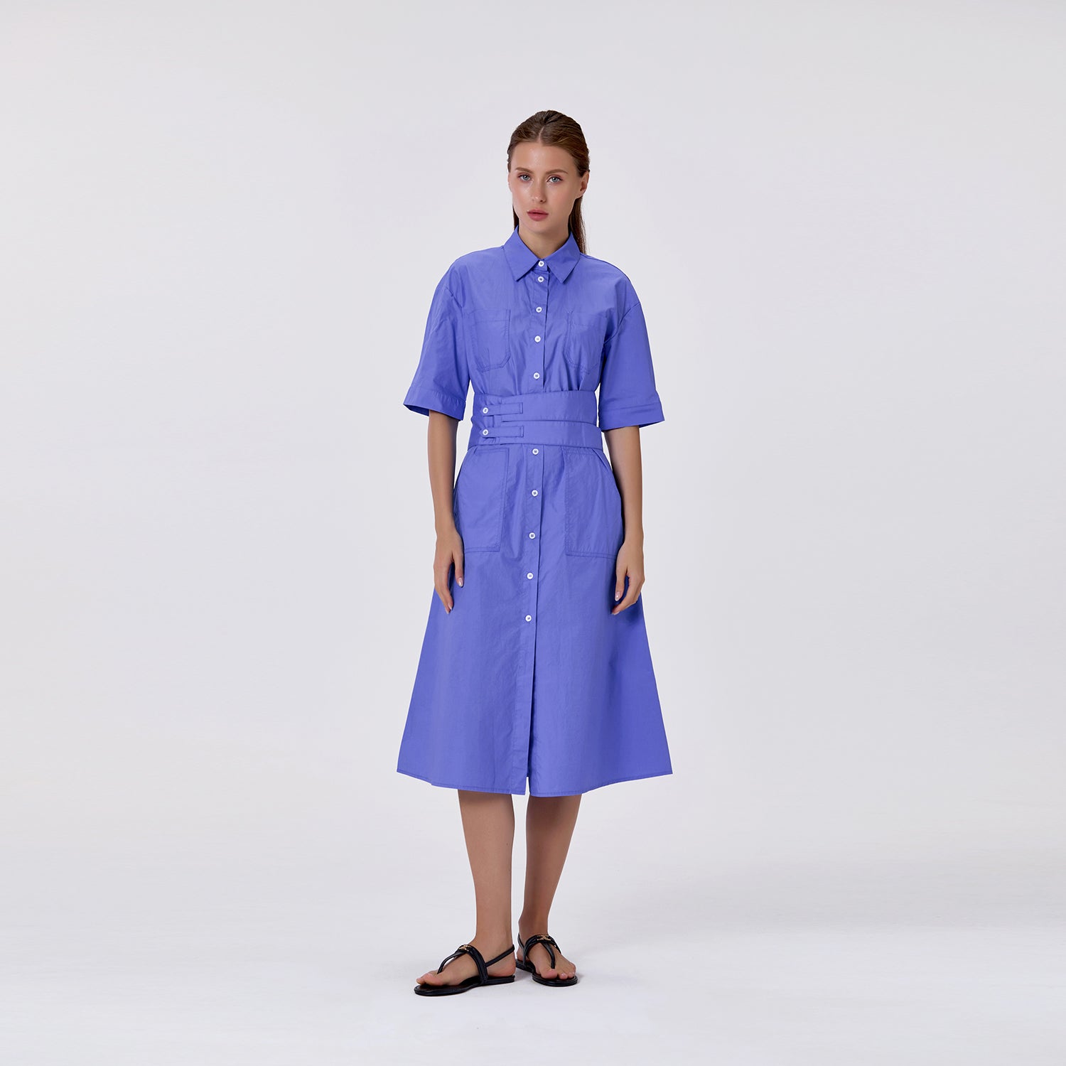Robe chemise midi en coton à large ceinture - Smart & Joy