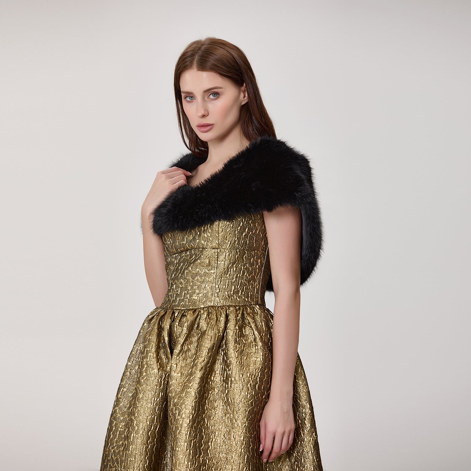 Robe bustier évasée en jacquard métallisé