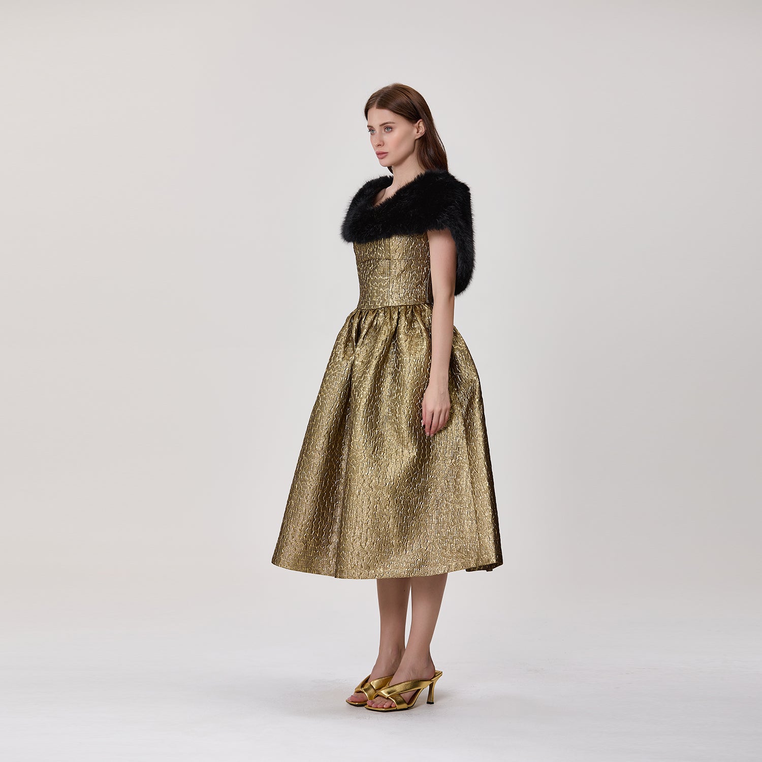 Robe bustier évasée en jacquard métallisé