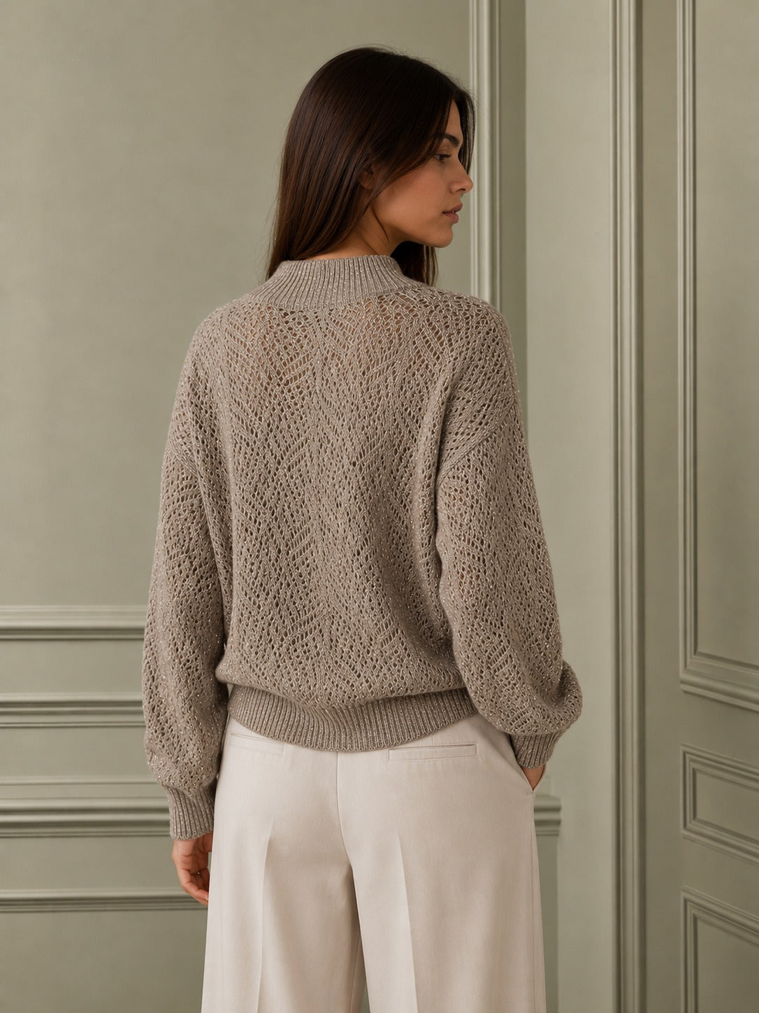 Gilet ajouré en laine et mohair à col V en manches longues