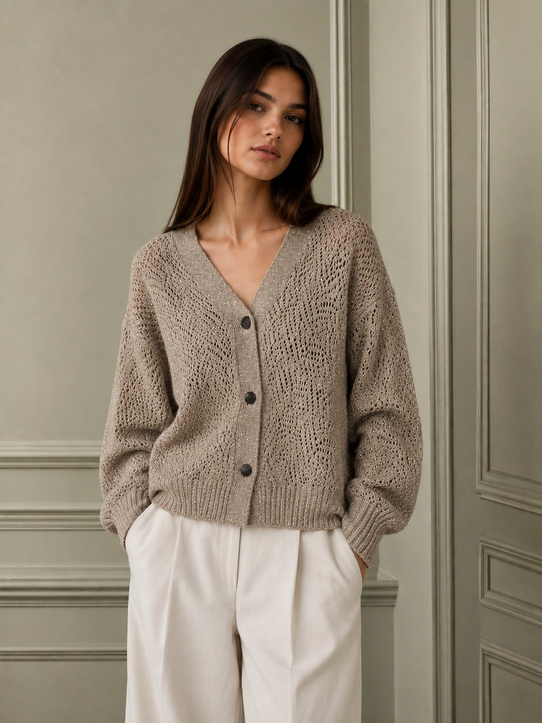 Gilet ajouré en laine et mohair à col V en manches longues