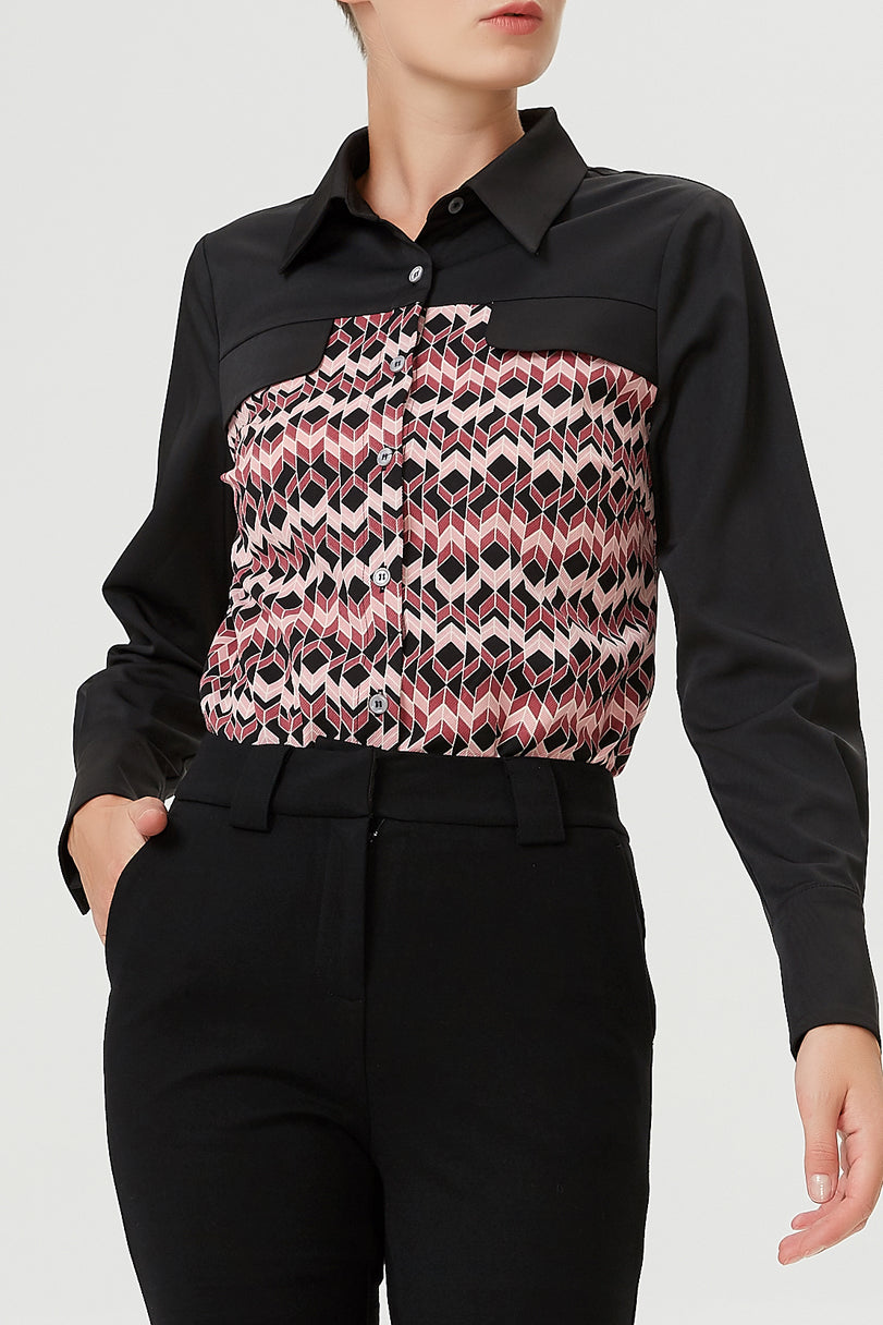Chemise bi-matières à imprimé géométrique