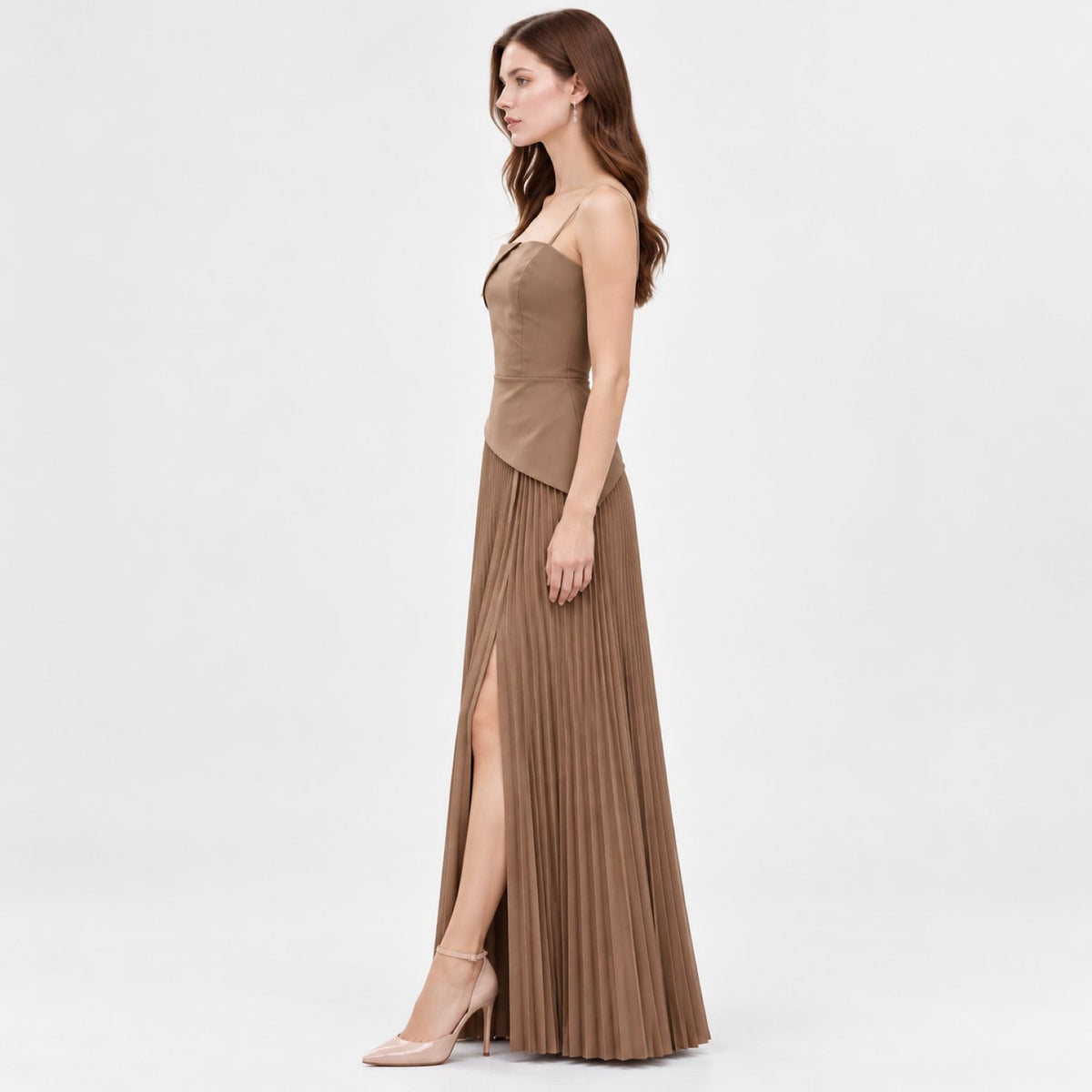Robe Midi Femme à Haut Drapé Asymétrique et Jupe Plissée